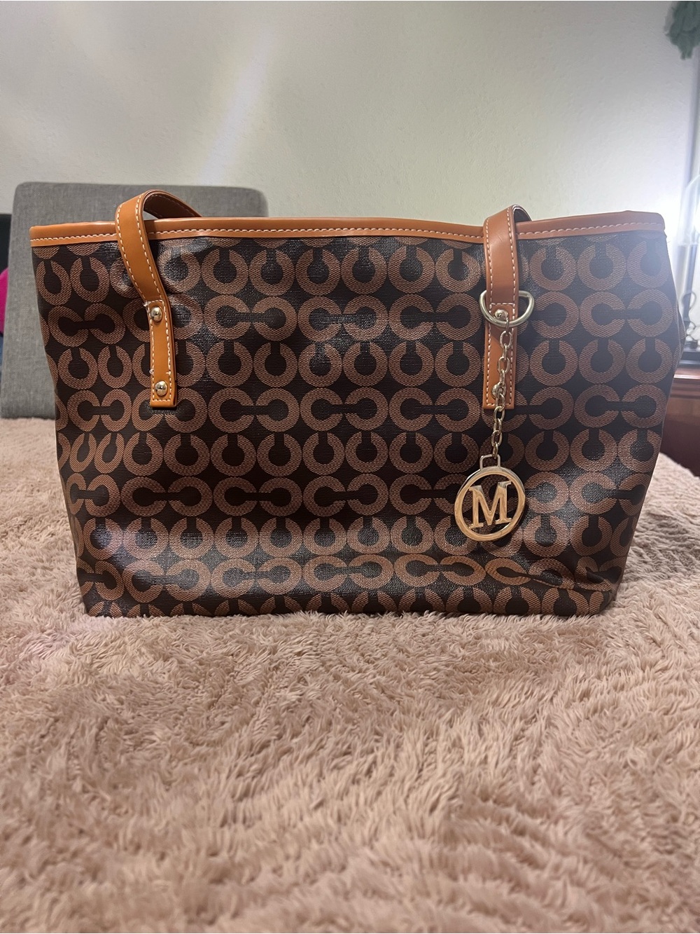 Brown Signature Print Tote with Tan Trim